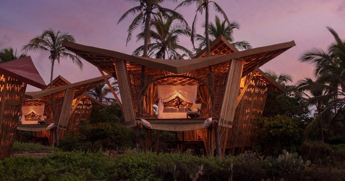 Colorful Bamboo Treehouses Have Angled Roofs Inspired by Graceful Mobula Rays