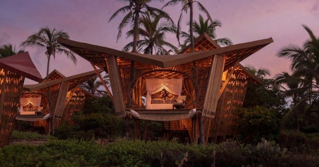 Colorful Bamboo Treehouses Have Angled Roofs Inspired by Graceful Mobula Rays